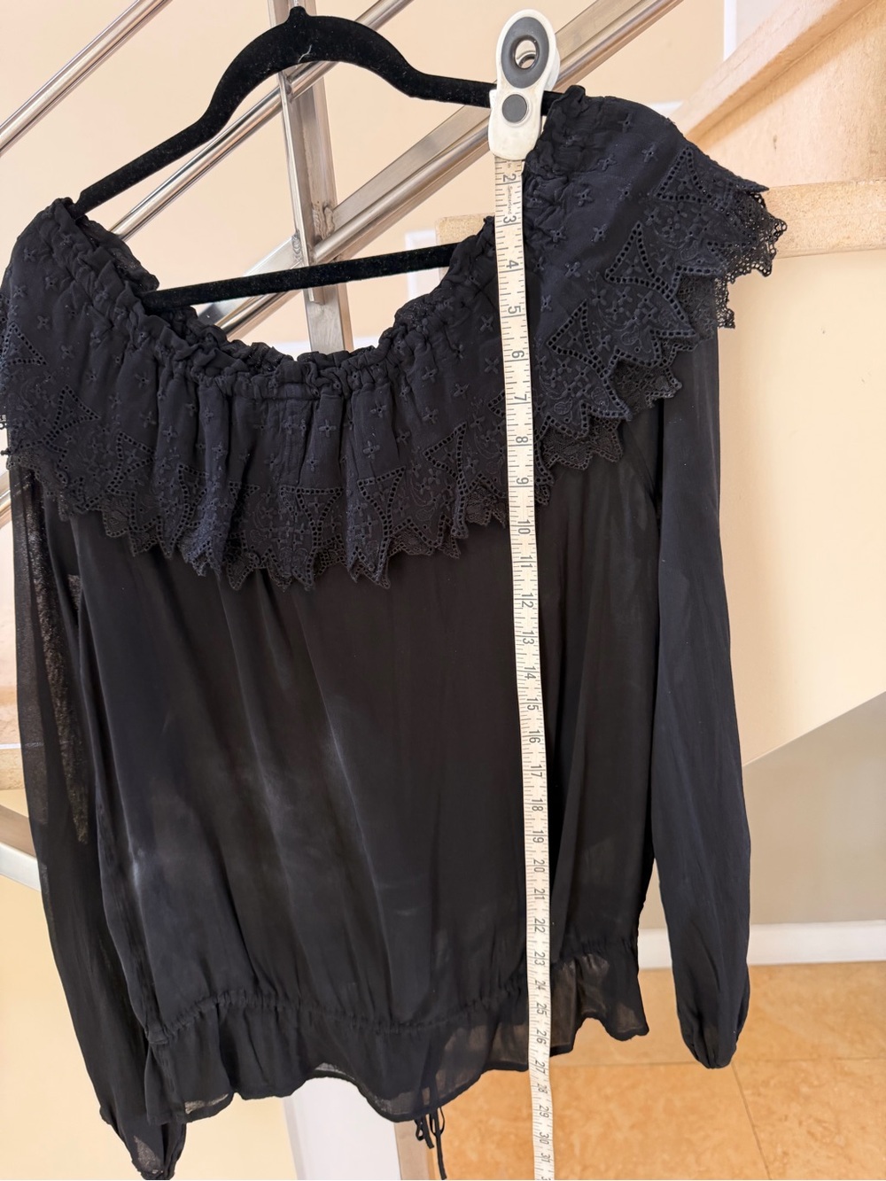 Vintage Ghost Black Off-Shoulder Lace Trim Sheer Blouse - Picture 7 of 12
